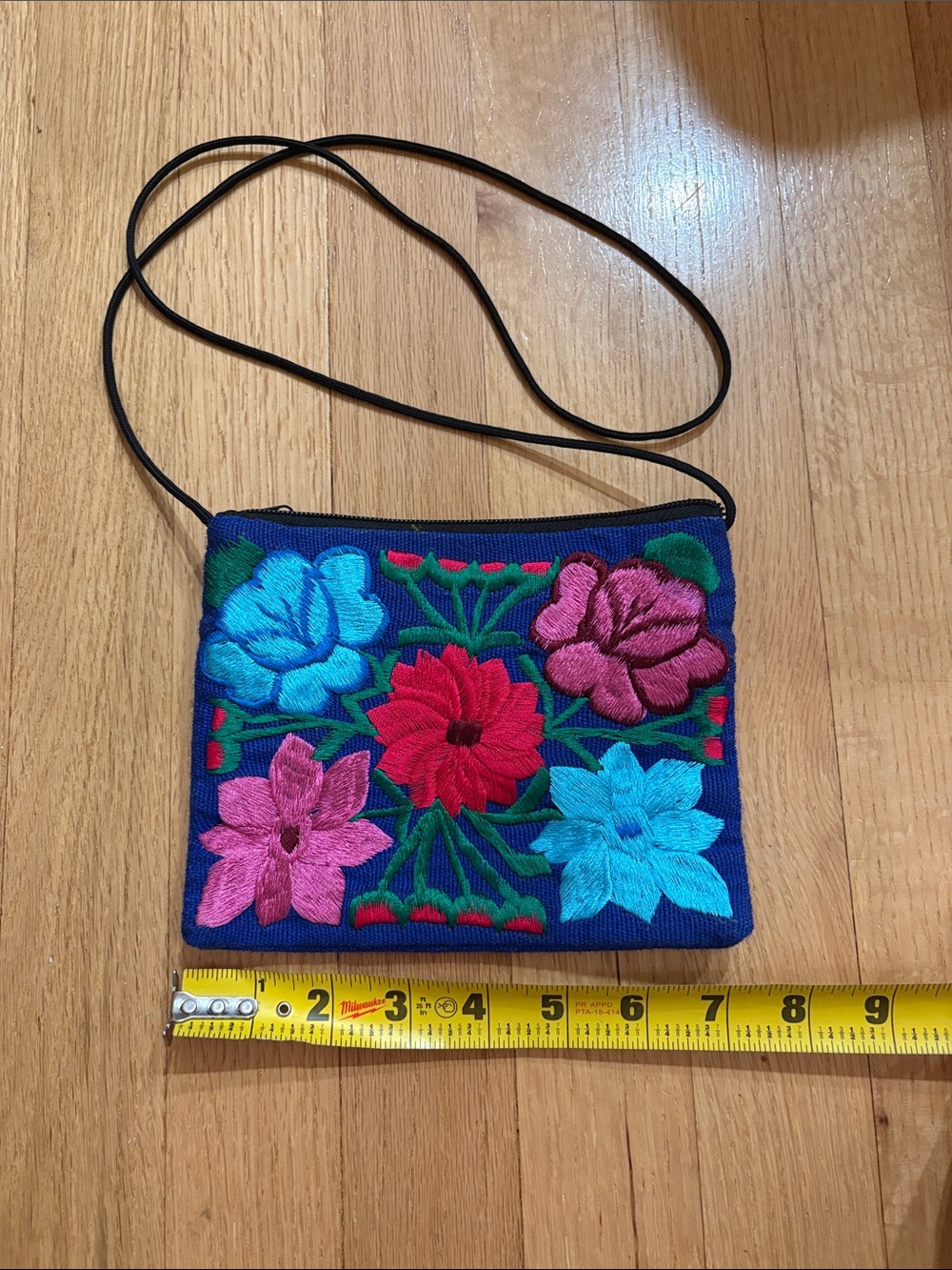 Embroidered Floral Crossbody Bag - Blue with Multicolor Flowers